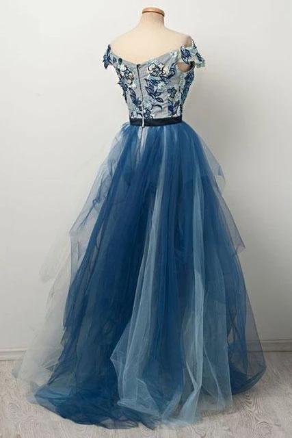 Blue Off the Shoulder Tulle V neck Cap Sleeve Beads Prom Dresses with Applique SRS15080