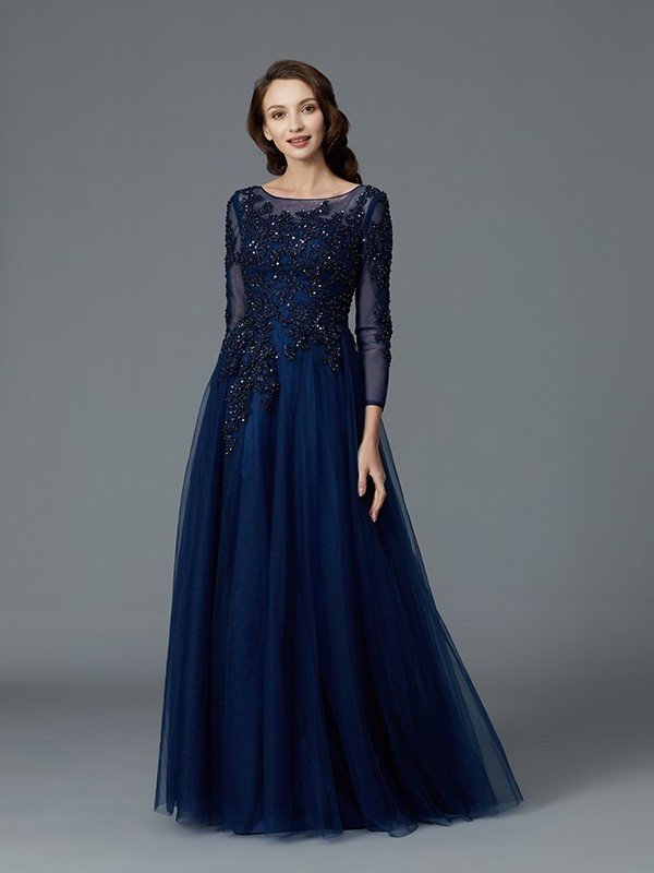 of Long Tulle Beading Scoop Floor-Length Sleeves A-Line/Princess Mother the Bride Dresses