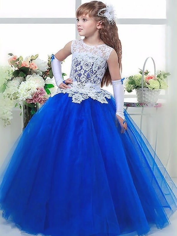 Sleeveless Floor-Length Tulle Lace Ball Jewel Gown Flower Girl Dresses