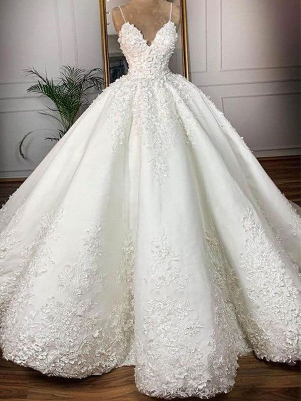 Satin Applique Sleeveless Ball Spaghetti Gown Straps Floor-Length Wedding Dresses