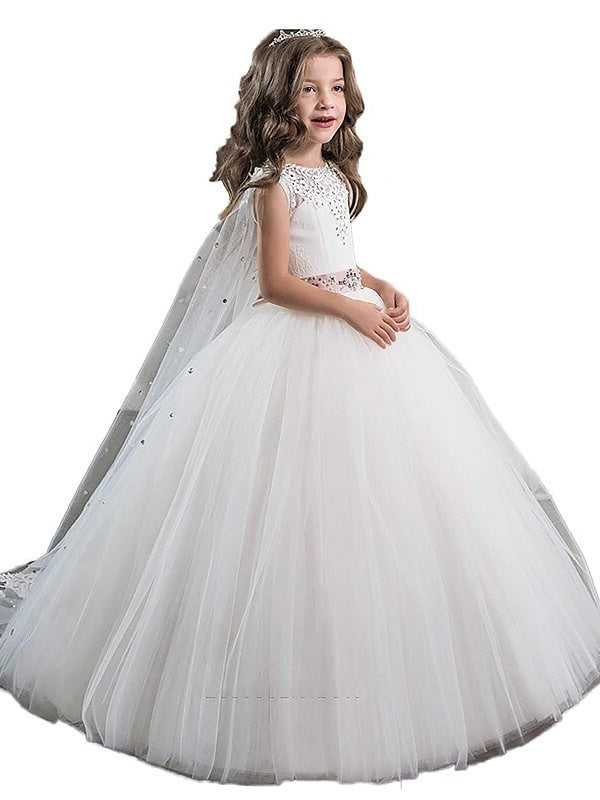 Gown Ball Floor-Length Beading Tulle Sleeveless Jewel Flower Girl Dresses