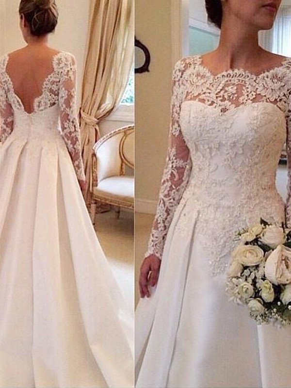 Sleeves Ball Scoop Court Gown Train Long Lace Satin Wedding Dresses