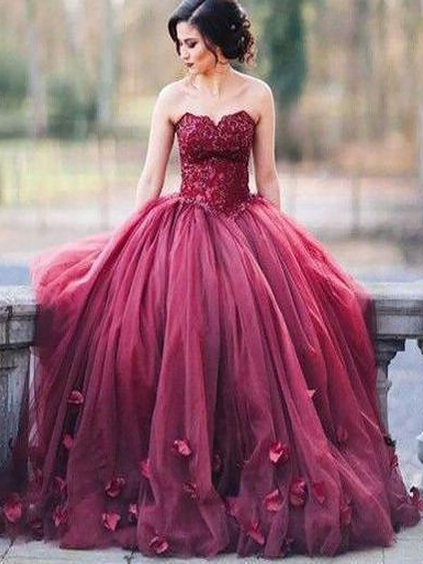 Sweetheart Applique Ball Gown Sleeveless Floor-Length Tulle Dresses