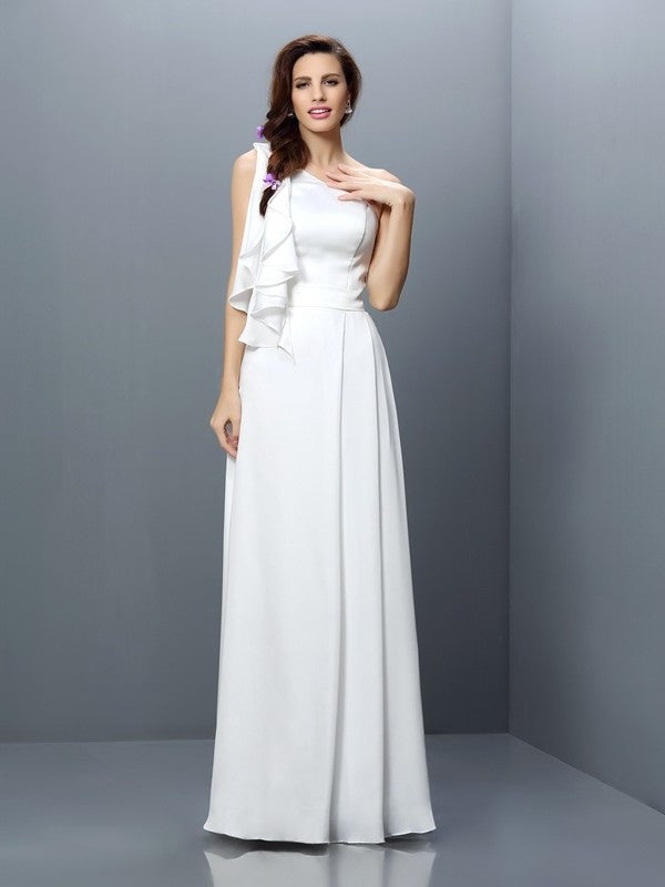 Ruffles Sleeveless One-Shoulder Long A-Line/Princess Chiffon Bridesmaid Dresses