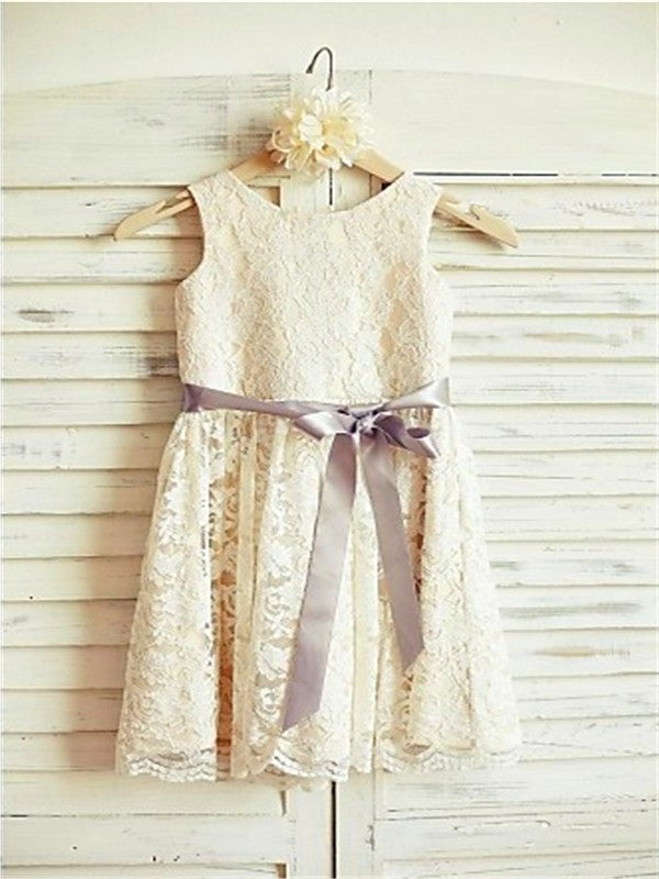 Bowknot A-line/Princess Tea-Length Sleeveless Lace Scoop Flower Girl Dresses
