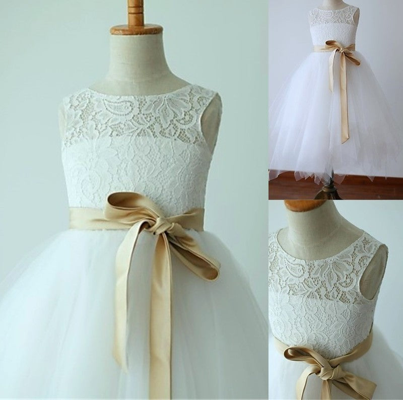 A-line/Princess Sleeveless Tulle Sash/Ribbon/Belt Scoop Tea-Length Flower Girl Dresses