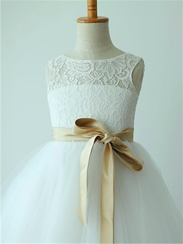 A-line/Princess Sleeveless Tulle Sash/Ribbon/Belt Scoop Tea-Length Flower Girl Dresses