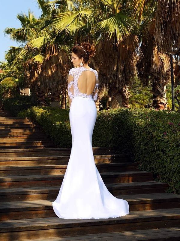 Scoop Sheath/Column Long Applique Long Sleeves Chiffon Wedding Dresses