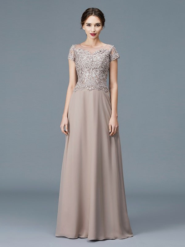 A-Line/Princess Mother of Applique Chiffon Floor-Length Short Scoop Sleeves the Bride Dresses