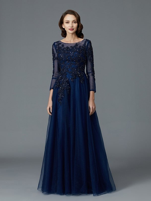 of Long Tulle Beading Scoop Floor-Length Sleeves A-Line/Princess Mother the Bride Dresses