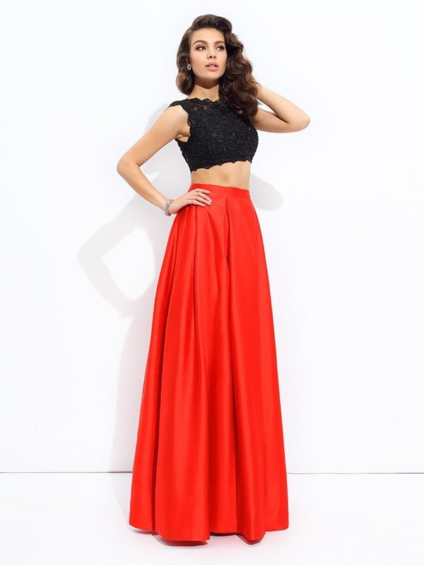 Lace Long Satin Sleeveless Scoop A-line/Princess Two Piece Dresses