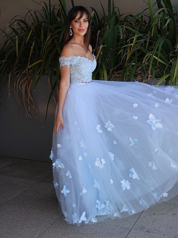 Tulle A-Line/Princess Sleeveless Floor-Length Applique Off-the-Shoulder Two Piece Dresses
